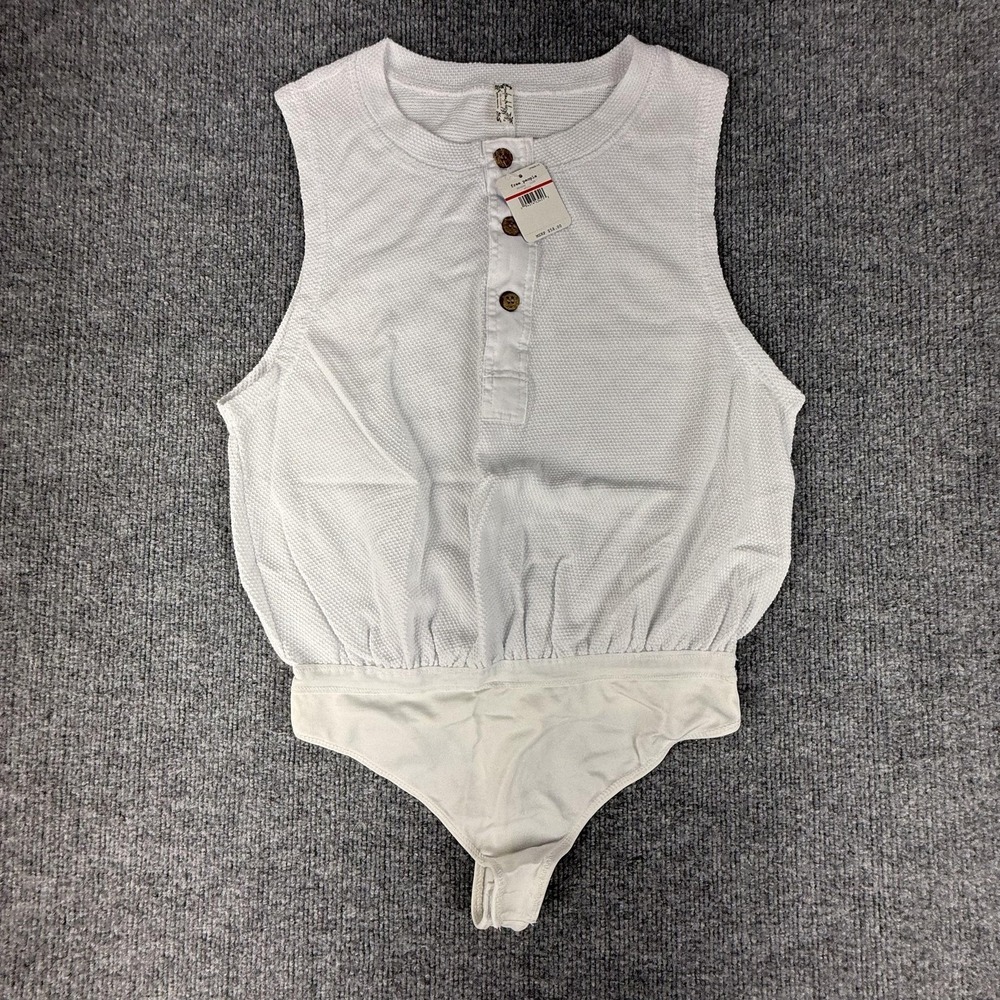 Free People Bodysuit Womens XS White Waffle Sleeveless Henley Snap Crotch‎ New